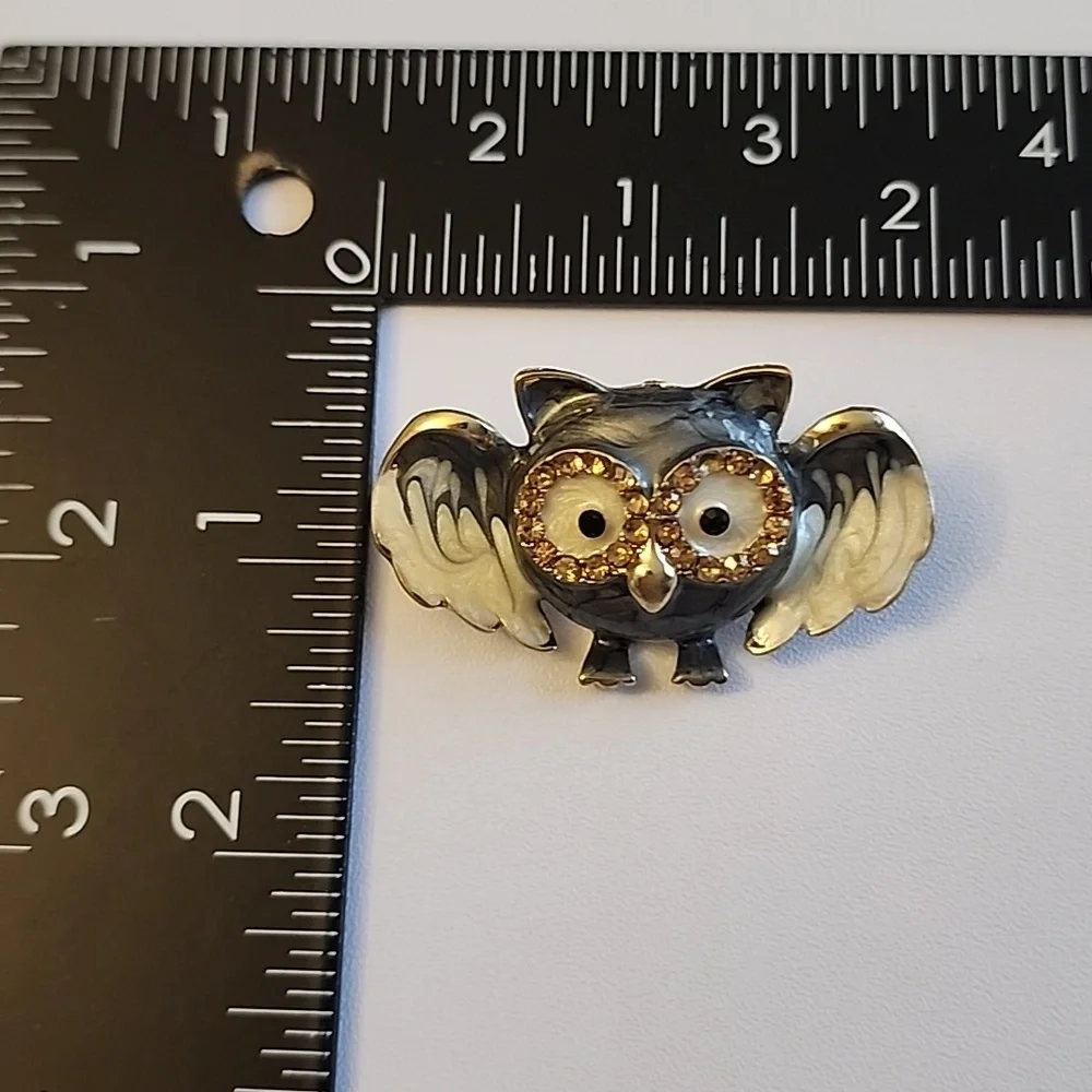 Hand painted Grey Acrylic Gemstone Owl Brooch \Necklace Combo